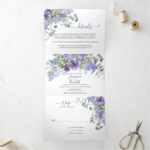 Rustic Lilacs, Succulents, Eucalyptus Wedding Tri-Fold Invitation