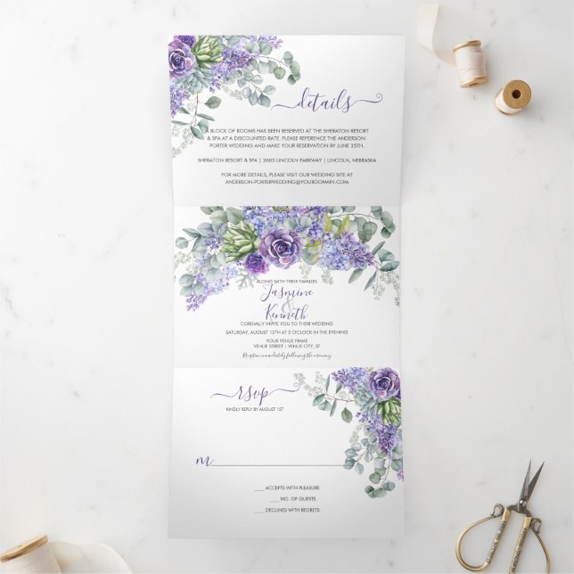 Rustic Lilacs, Succulents, Eucalyptus Wedding Tri-Fold Invitation (Inside)