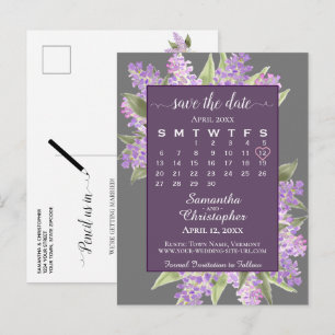 Rustic Lilacs Wedding Save the Date Calendar Grey Announcement Postcard
