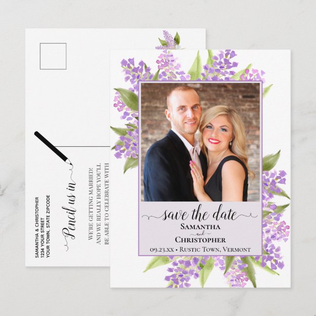 Rustic Lilacs Wedding Save the Date Photo Lavender Announcement Postcard (Front/Back)