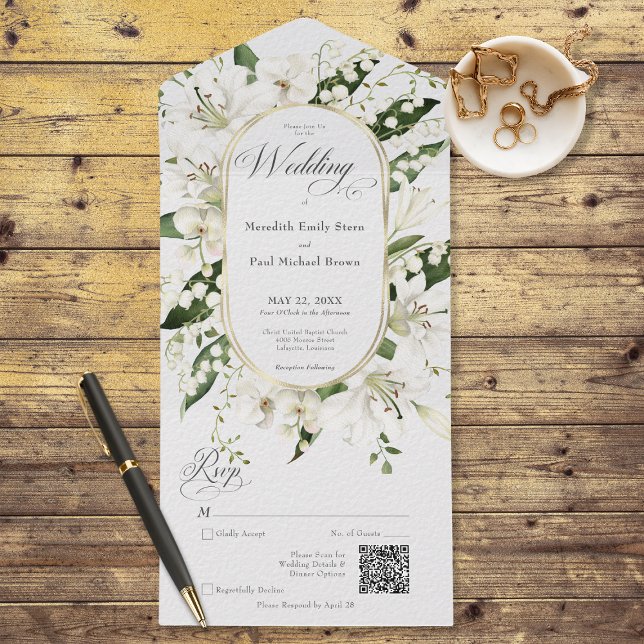 Rustic Lily of the Valley Floral White QR Code All In One Invitation (Also available without a QR code; with or without dinner selection options.)