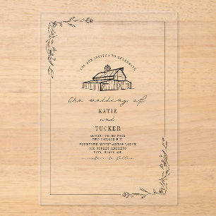 Rustic Line Art Barn Botanical Wedding Acrylic Invitations