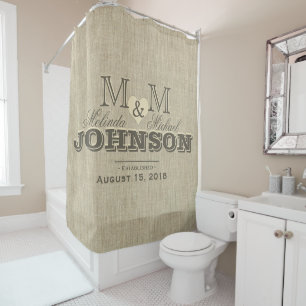 Rustic Linen and Heart Monogram Wedding Shower Curtain