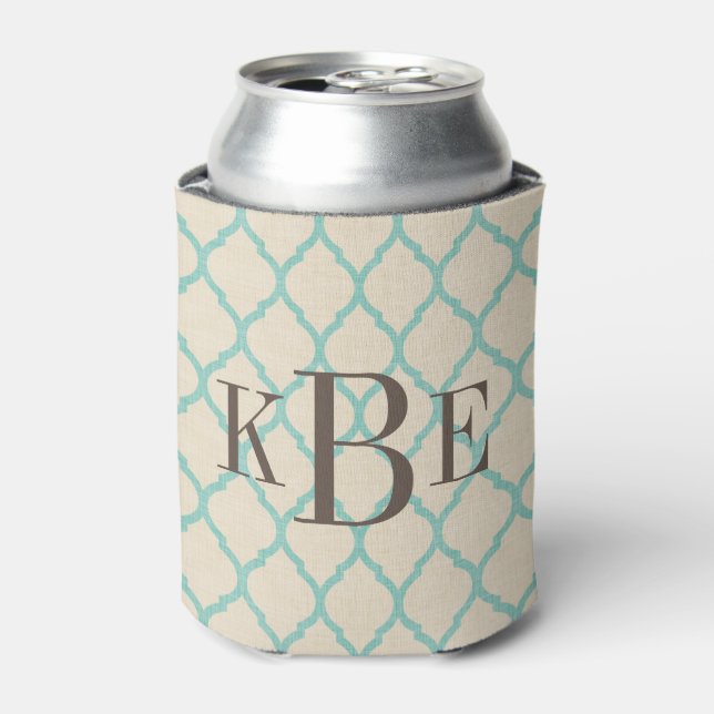 Rustic Linen Beige and Aqua Quatrefoil Monogram Can Cooler (Can Front)