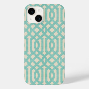 Rustic Linen Beige and Aqua Trellis Case-Mate iPhone 14 Case