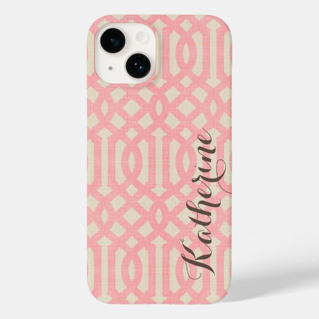 Rustic Linen Beige and Pink Trellis Monogram Case-Mate iPhone Case (Back)