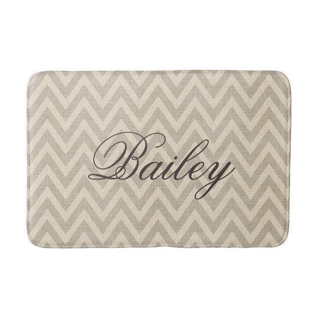Rustic Linen Beige and Taupe Chevron Monogram Bath Mat (Front)