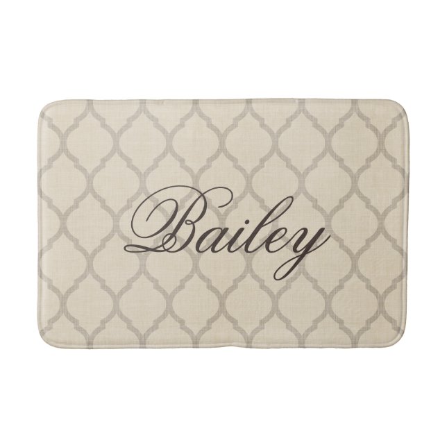 Rustic Linen Beige and Taupe Quatrefoil Monogram Bath Mat (Front)