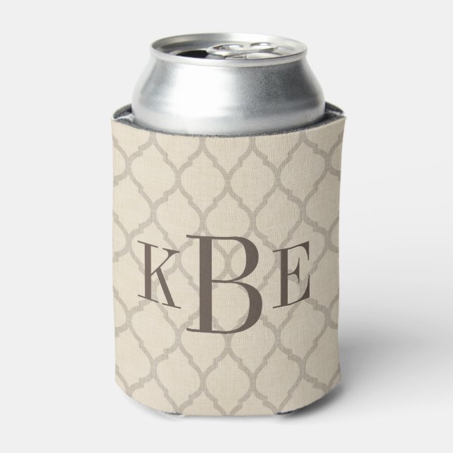Rustic Linen Beige and Taupe Quatrefoil Monogram Can Cooler (Can Front)