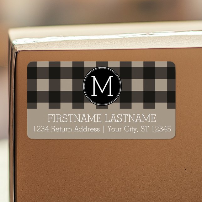 Rustic Linen Black Buffalo Plaid gingham Monogram Label (Custom Shipping Label with Return Address)