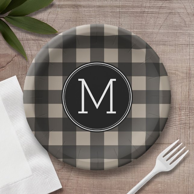 Rustic Linen Black Buffalo Plaid Pattern Monogram Paper Plate (Personalized birthday plates and bowls with buffalo check pattern)