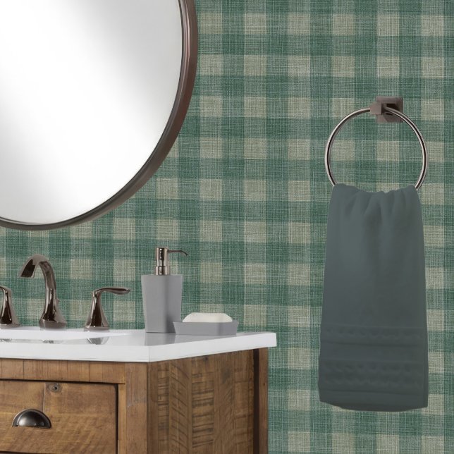 Rustic Linen Buffalo Check Dark Blue Green Plaid Wallpaper (Tonal shades of lt. & dk. muted blue green are perfect for a rustic lake, forest or mountain cabin.)