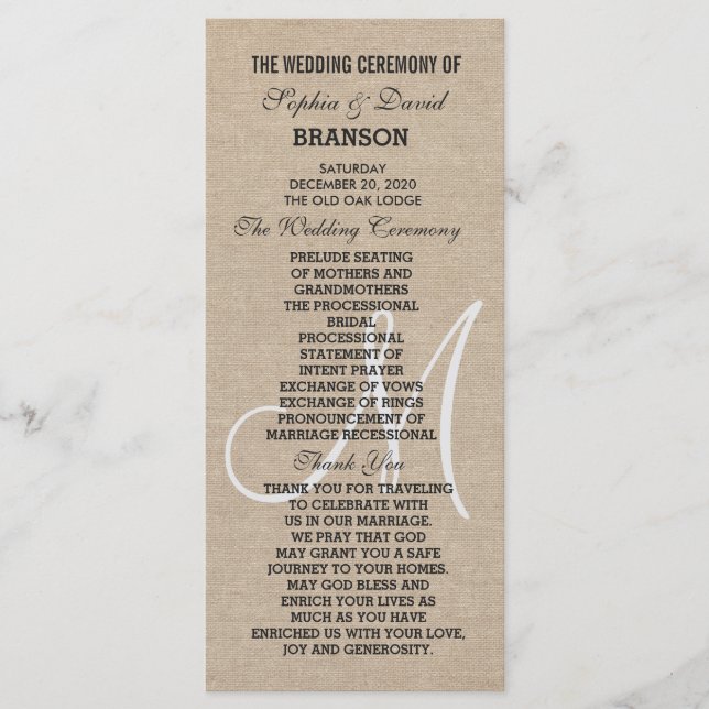 Rustic Linen Canvas Wedding Monogra Program Custom Programme (Front)