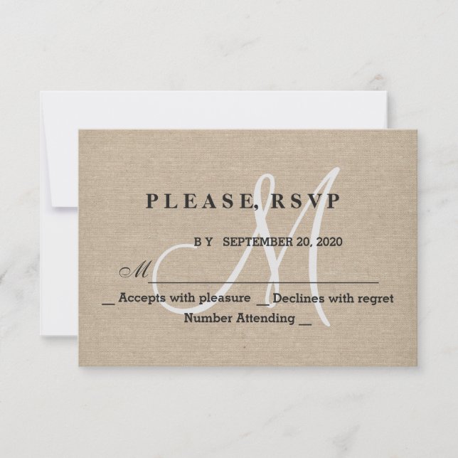 Rustic Linen Canvas Wedding Monogram Initial RSVP Card (Front)