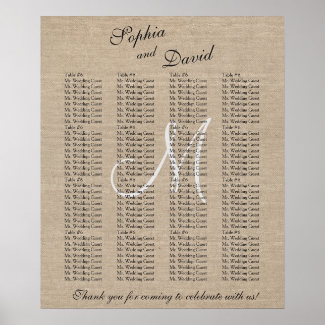 Rustic Linen Canvas Wedding Monogram Seating Chart (Front)