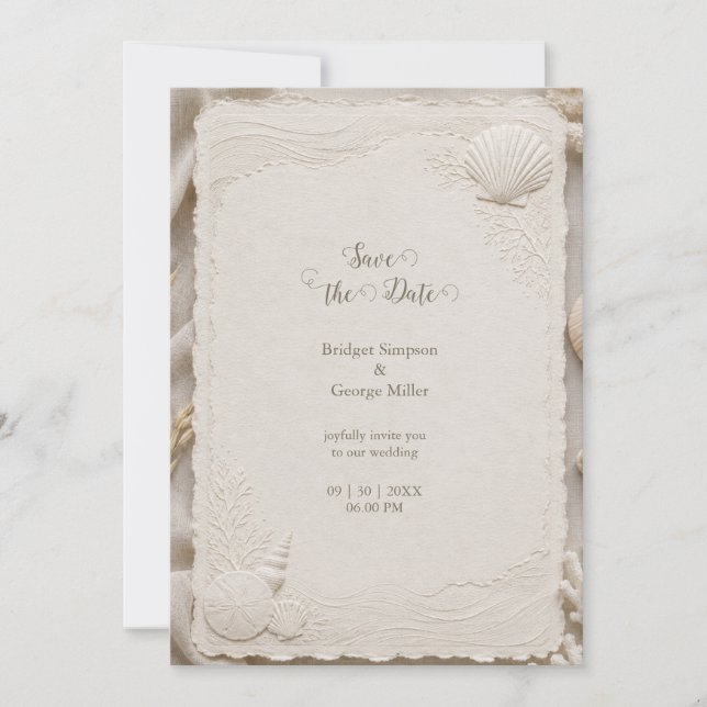 Rustic Linen Coastal Wedding Seashells Invitation (Front)
