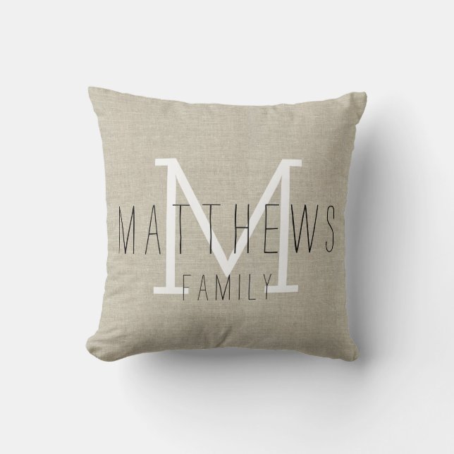 Rustic Linen Family Monogram Throw Pillow (Front)
