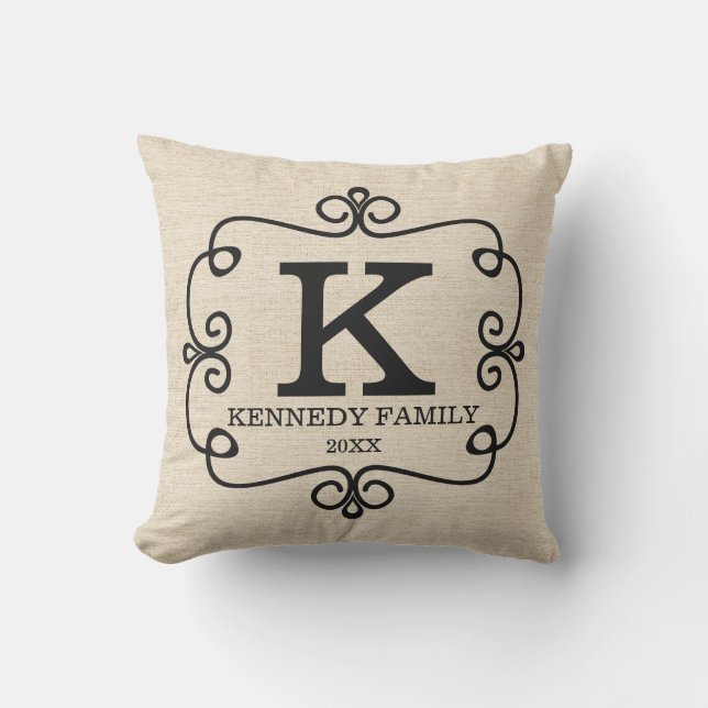 Rustic Linen Family Name Monogrammed Throw Pillow (Front)