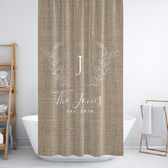 Rustic linen farmhouse style family monogrammed shower curtain (Creator Uploaded)