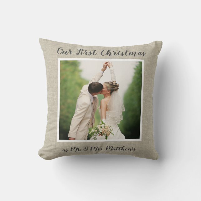 Rustic Linen First Christmas Newlyweds Photo Cushion (Front)