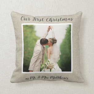 Rustic Linen First Christmas Newlyweds Photo Cushion