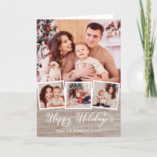 Rustic Linen & Happy Holidays Script 4-Photo  Holiday Card