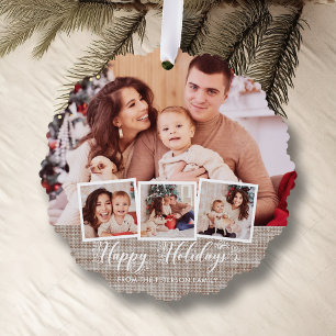 Rustic Linen & Happy Holidays Script Multiphoto Tree Decoration Card
