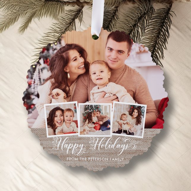 Rustic Linen & Happy Holidays Script Multiphoto Tree Decoration Card (Creator Uploaded)