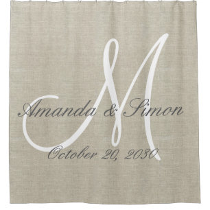Rustic Linen Look and White Monogram Wedding Shower Curtain