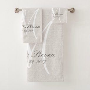 Rustic Linen Look with White Monogram Bath Towel Set