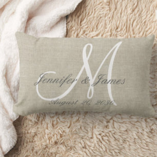 Rustic Linen Look with White Monogram Lumbar Cushion