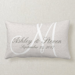 Rustic Linen Look with White Monogram Lumbar Cushion