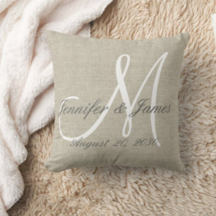 Rustic Linen Look with White Monogram Wedding Cushion