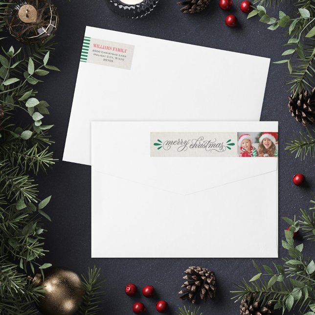 Rustic Linen Merry Christmas Photo Wrap Around Label (Creator Uploaded)