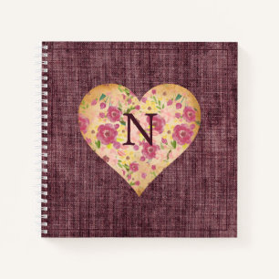 Rustic Linen Monogram Floral Heart Pretty Notebook