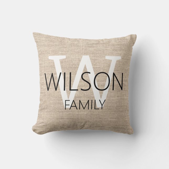 Rustic Linen Monogrammed Family Cushion (Front)