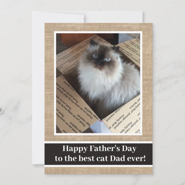 Rustic Linen Photo Card Happy Fathers Day From Cat (Front)