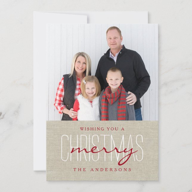 Rustic Linen Simple Merry Christmas Holiday Photo Card (Front)