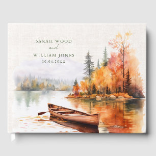 Rustic linen with fall lake Wedding Guest Book