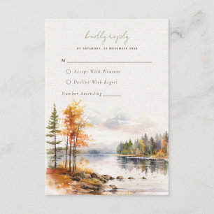 Rustic linen with fall lake Wedding RSVP Card
