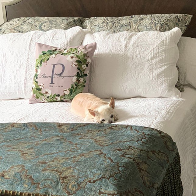 Rustic Linen Wreath Monogram Wedding Keepsake Cushion (Creator Uploaded)