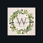Rustic Linen Wreath Monogram Wedding Keepske Canvas Print<br><div class="desc">Personalised wedding keepsake. This elegant, rustic digital linen design canvas wrap wall art features a beige linen texture background with a beautiful watercolor foliage and cotton boll wreath that frame the classic dark grey monogram initial. The couple's first names are written over the monogram initial in a beautiful calligraphy script,...</div>