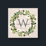 Rustic Linen Wreath Monogram Wedding Keepske Canvas Print<br><div class="desc">Personalised wedding keepsake. This elegant, rustic digital linen design canvas wrap wall art features a beige linen texture background with a beautiful watercolor foliage and cotton boll wreath that frame the classic dark grey monogram initial. The couple's first names are written over the monogram initial in a beautiful calligraphy script,...</div>