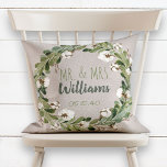 Rustic Linen Wreath Mr & Mrs Wedding Keepsake Cushion<br><div class="desc">Personalised wedding keepsake. This trendy, rustic digital linen design pillow features a natural beige linen texture background with a beautiful watercolor greenery and cotton boll wreath that frame the trendy hand lettered script Mr. & Mrs. Monogram. The couple's married last name is written over, with the wedding date below. The...</div>