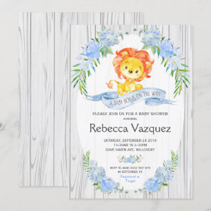 Rustic Lion Blue Floral Baby Shower Invitations