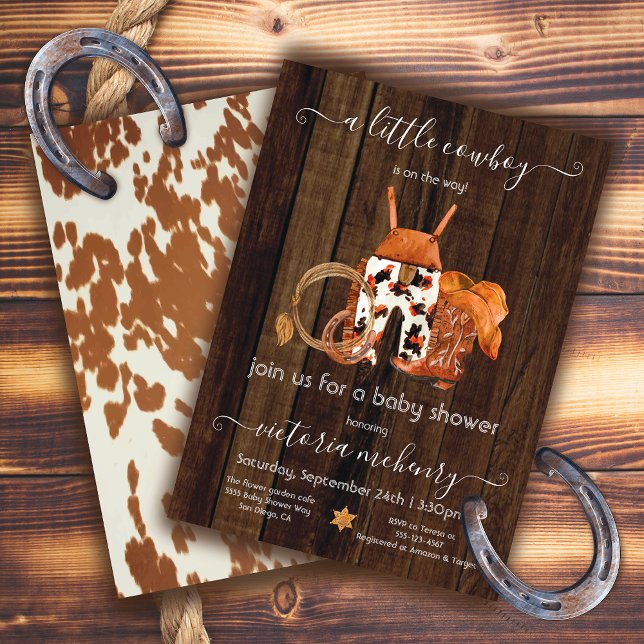 Rustic Little Cowboy Western Wood Baby Shower Invitation (Creator Uploaded)