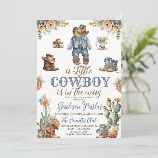 Rustic Little Cowdoy Wild West Boy Baby Shower Invitation (Standing Front)