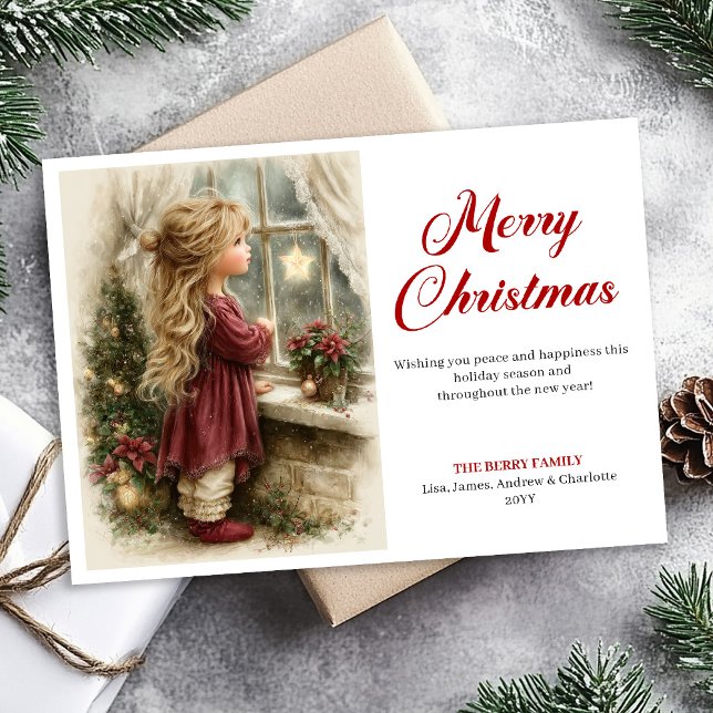 Rustic little girl awaiting Santa printable Xmas Holiday Card (Rustic little girl awaiting Santa printable Xmas Holiday Card)