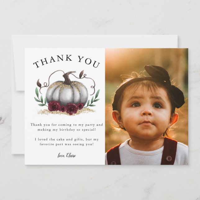 Rustic Little Pumpkin Birthday Party Photo Thank You Card (Front)