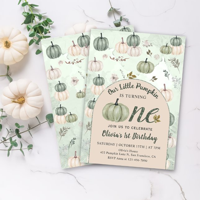 Rustic Little Pumpkin Fall Green First Birthday  Invitation (Creator Uploaded)